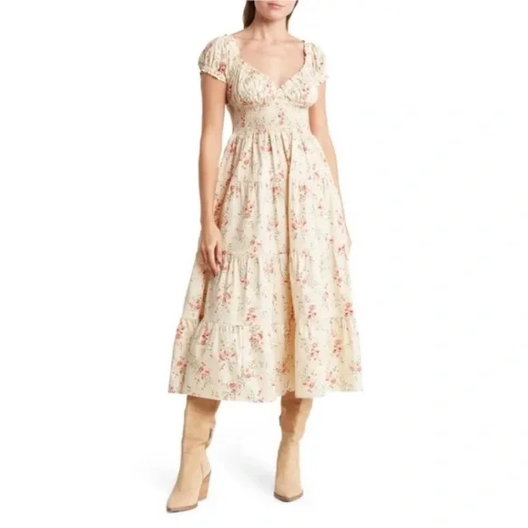 WeWoreWhat || Puff Sleeve Smocked Midi Dress in Dainty Floral Almond Milk Small - Picture 11 of 11